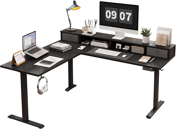 Agilestic 63 Inch L Shaped Electric Standing Desk with Drawer, Black | 2 Stroage Drawers, Monitor Shelf, Corner Desk, Ample Workspace, Memory Presets, Hooks, Stable Steel Frame,176 lbs