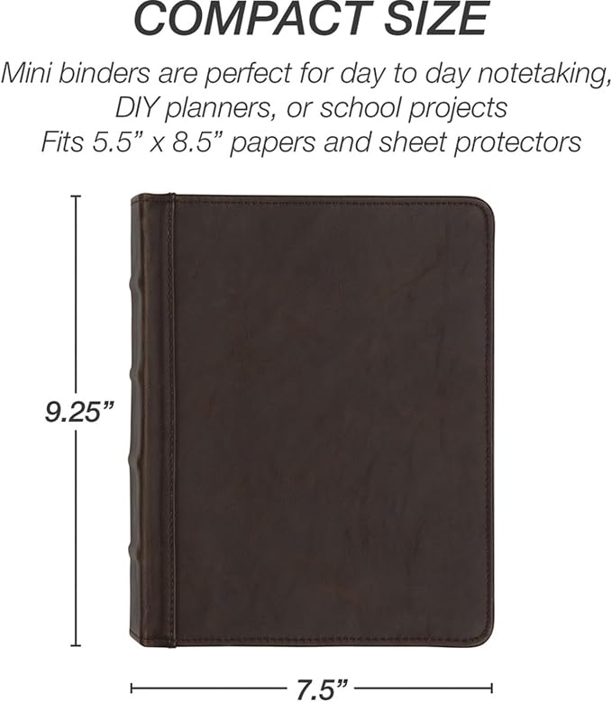 Samsill Vintage Leather Mini 3 Ring Binder 1 Inch Round Ring (Holds 200 Sheets), 5.5 x 8.5 Inch Documents, Professional Organizer, Planner, Notebook, Brown