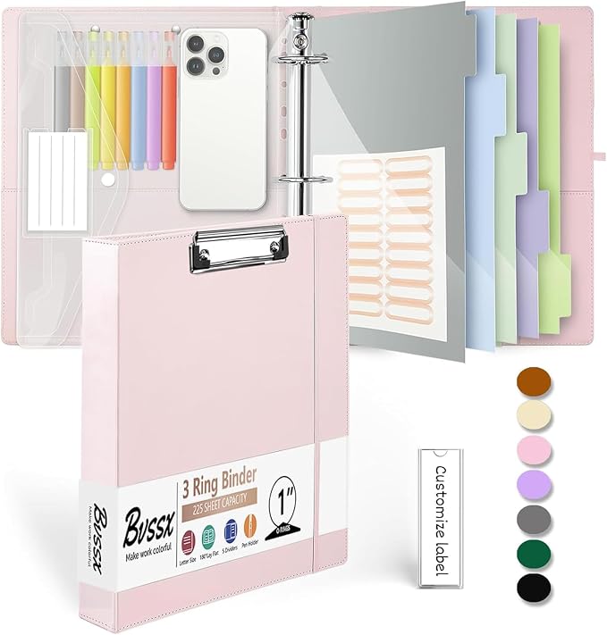 3 Ring Binder, 1 Inch Leather Binders with Clipboards, 5-Tabs Pockets Dividers, 18 Divider Stikers, Plastic Folder, Pen Holder, Three Ring Binder with Pen Holder(Pink, Letter Size)