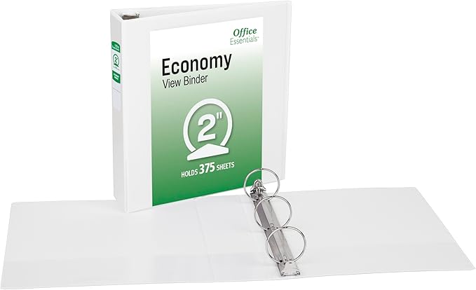 Office Essentials Economy View 3 Ring Binders, 2" Round Rings, 2.8" Spine, 375-Sheet Capacity, White Binders (12-Pack of 03428)