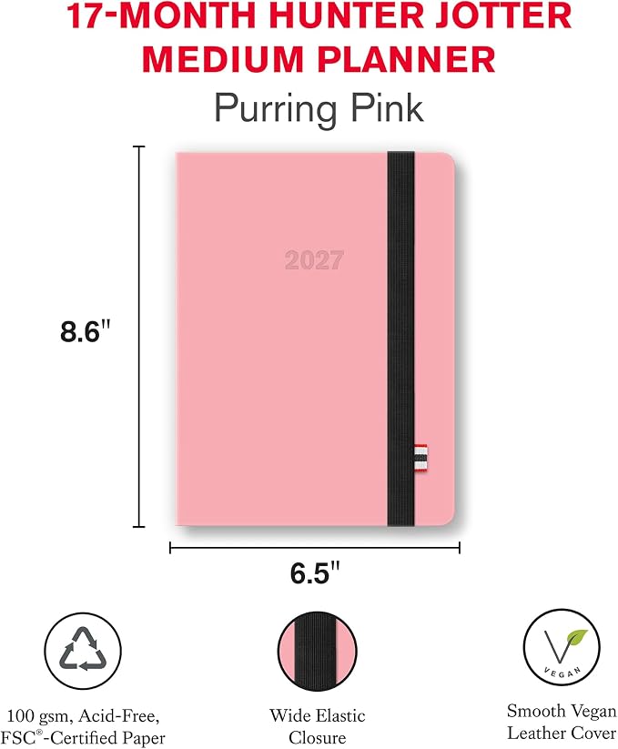 Orange Circle Studio 2027 Purring Pink Hunter Jotter Medium Planner, 17-Month Weekly & Monthly Calendar Planner, 6.5" x 8.6", Dot Grid Notes, Time Zone Map, Goal Pages, Work Daily Planner Notebook