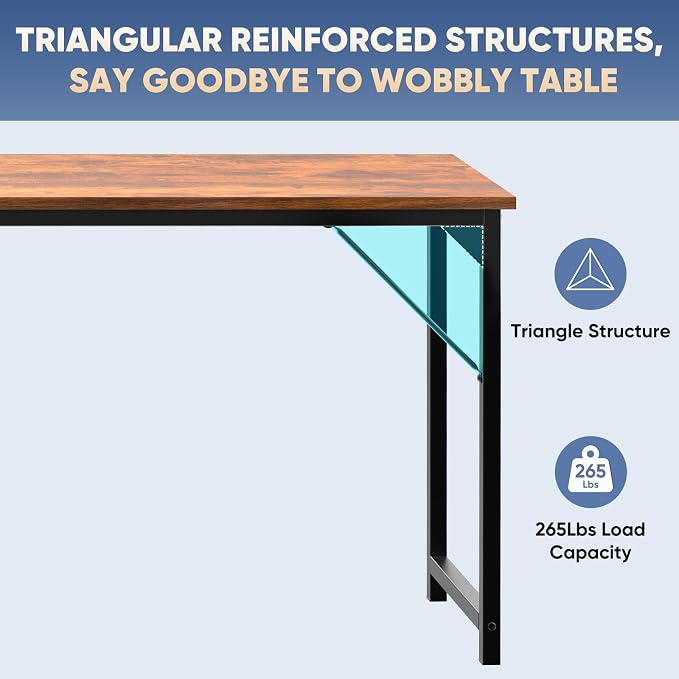 DUMOS 63 Inch Small Computer Desk, Gaming Desks for Home Office Bedroom | Modern Study Writing Work Table, Craft PC Desk Simple Workstation with Reinforcement Structure, Modern Rustic Brown