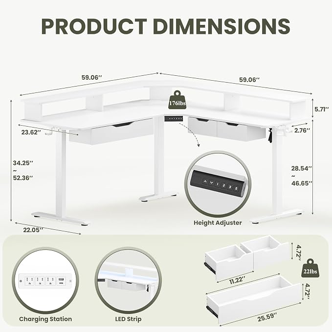 MALOL 59" L Shaped Electric Standing Desk with Drawers, Height Adjustable Desk with Power Outlets & LED Lights, Monitor Stand, Corner Computer Desk for Home Office, White