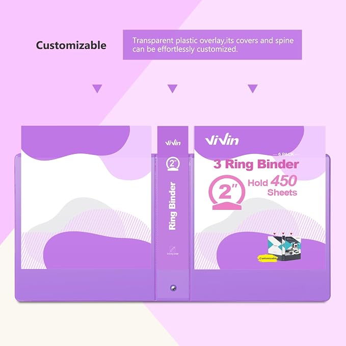 ViVin 2 Inch Round Ring View Binder for Durability, 6-Pack (Purple) | Standard 3 Ring Binder for 450 Sheets of US Letter Size Paper, PVC-Free, Clear Front Pocket, Office Home School Use