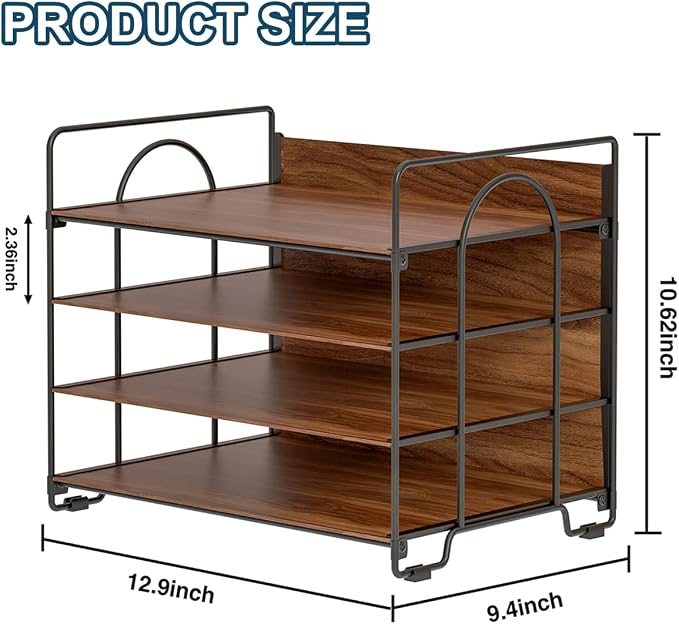LUCYCAZ 4 Tier Paper Organizer for Desk,Wood Desk Organizer | Metal Paper Tray Organizer, File Organizer for Office Home School, Black