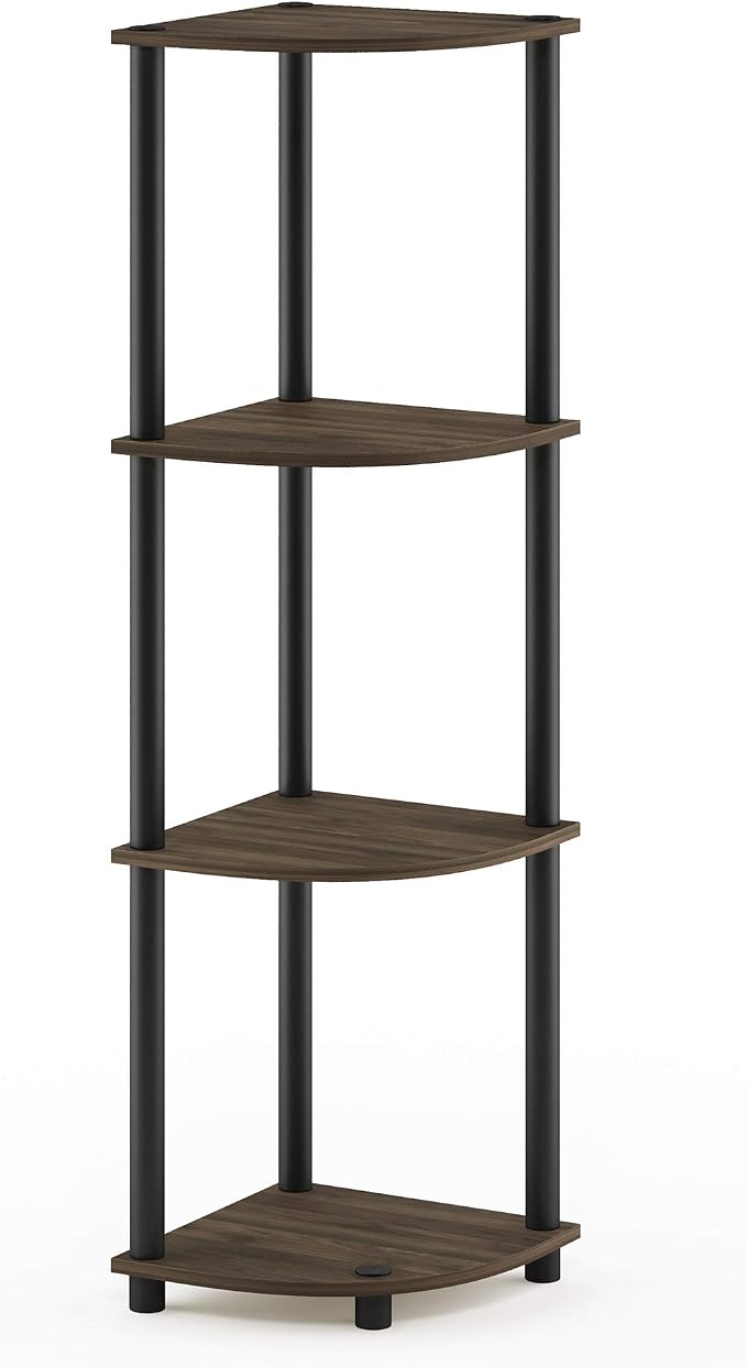 Furinno TURN-N-TUBE Corner Shelf, 4-Tier Corner Bookshelf, Display Storage Shelves with Open Shelves, for Organization and Storage, Living Room, Home Office, Garage, Columbia Walnut