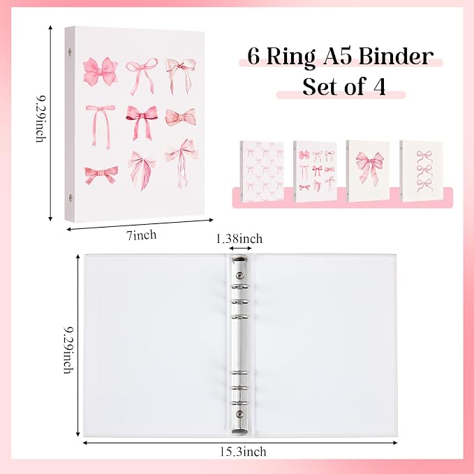 ReliThick 4 Pcs Mini Size Cute Bow 6 Ring Binder, 1 Inch Round Ring with Interior Pockets, Decorative Cute Binders, Clipboard Binder, Coquette School Supplies for School Office(Pink)