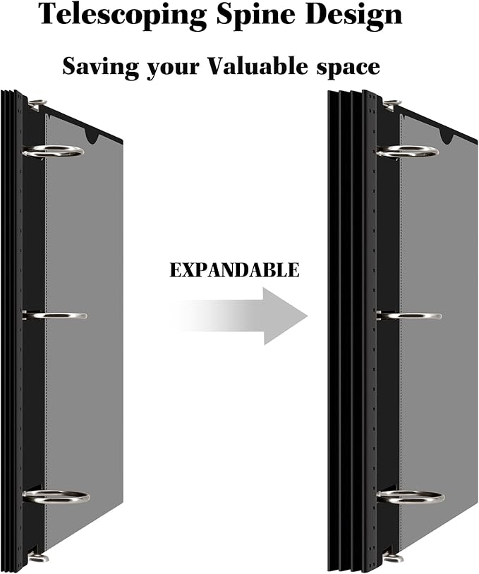 INFUN 1.5 Inch Telescoping 3 Ring Binder - 6PCS, Flexible Round Binder with Customizable Front Cover and Clear Catalog Pocket, 1.5Inch Rings, Black–Perfect for School, Office & Home