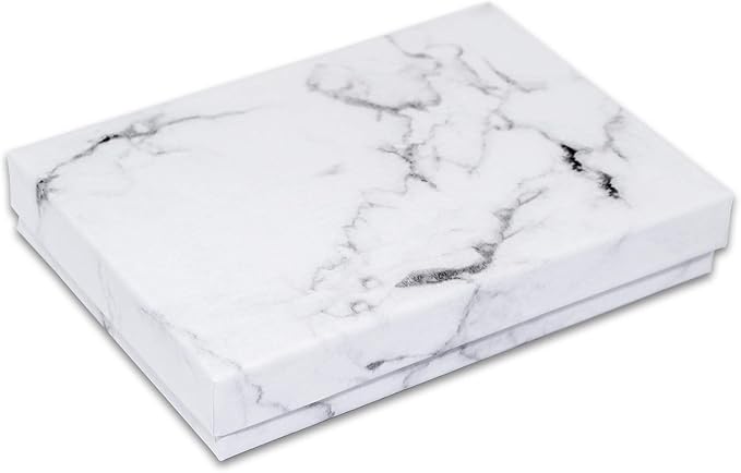 TheDisplayGuys 100 Cardboard Jewelry Gift Boxes with Inserts - Marble White | Size #53 - 5.4" x 3.9" x 1.0", Lids, Cotton Filled Padding, Kraft Paper, Bulk Pack Case, for Shipping, Organizers, Storage