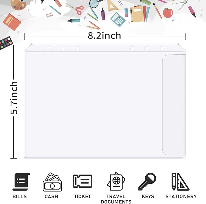 30pcs A5 Binder Pocket no Zipper Clear Budget Planner Inserts Bulk Budget Binder Organizer Cash Envelopes for Budgeting Waterproof PVC Loose Leaf Bags Card Sleeves for 6 Ring Notebook