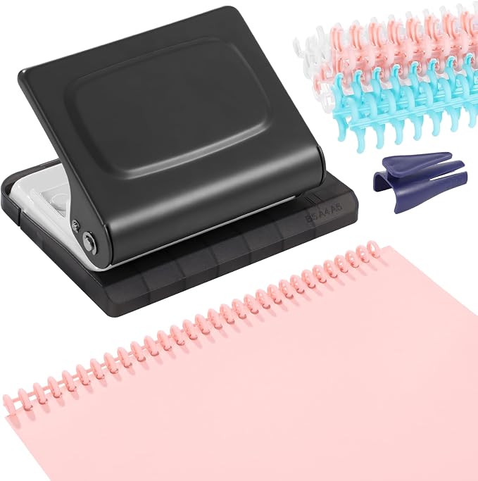 10-Hole Binding Machine Spiral Coil Binder, Spiral Binding Machine with 16 Multi-Color Binder Rings, 30 Holes on A4, 20 Holes on A5, 26 Holes on B5, 10 Sheets Capacity