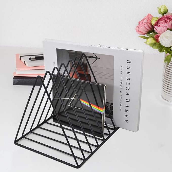 9 Slot Magazine Rack Book Record Holder, Desktop Iron Storage Rack Bookshelf Multifunction Triangle File Organizer Sorter for Decor Home Office, Black Pack of 2