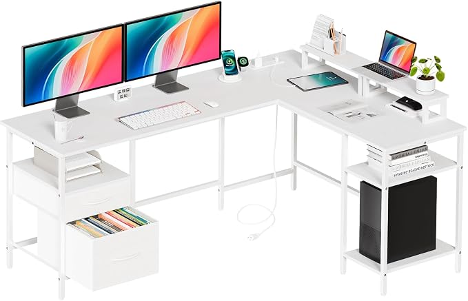 DUMOS 62” L Shaped Desk with Drawers and Power Outlet, White | Reversible Computer Desk with 2 Monitor Stands and Storage Shelves, Office Desk for Gaming, Writing and Studying