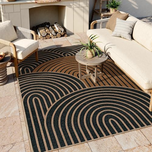 Lahome Mid Century Modern Easy Jute Rug, 5x7 Black and Brown Washable Rugs