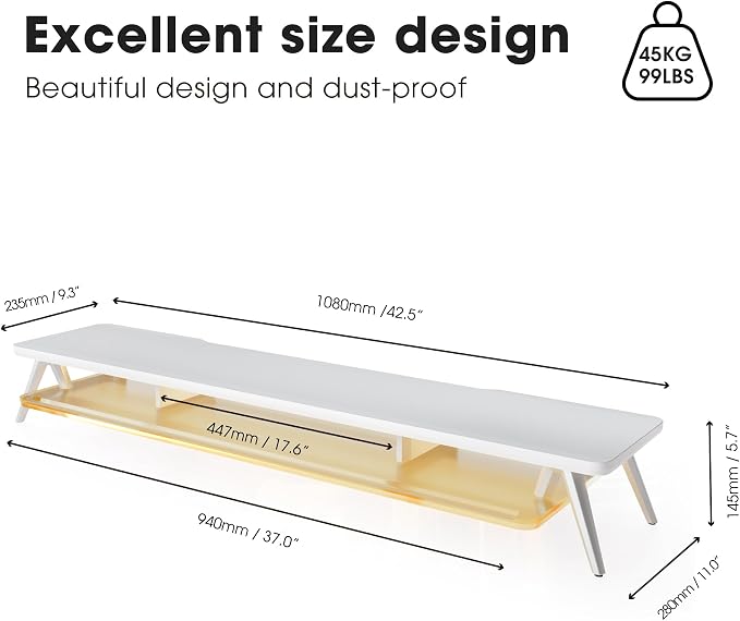 Fenge Dual Monitor Stand Riser with Phone & Tablet Slot, White | Thickened Frosted Acrylic Shelf, Aluminum Legs, 2-Tier Storage, 42.5-Inch Desk Shelf for Gaming, Home Office & Streaming