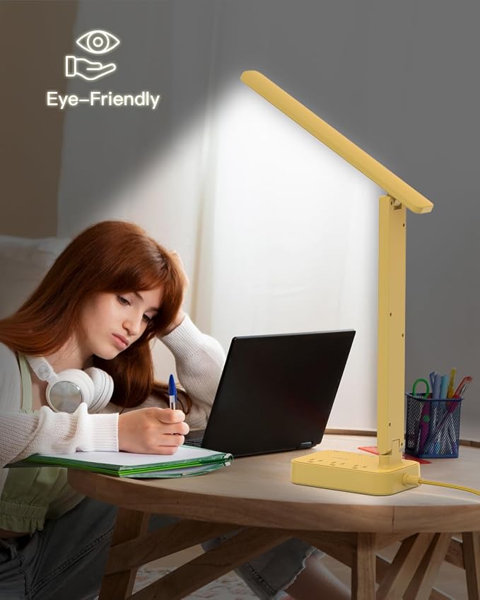 Addtam LED Desk Lamp, Power Strip with 3 Outlets 4 USB Charging Ports(2 USBC), 4 Modes 5 Level Brightness Touch Lamp, Small Desk Lamp for Home Office College Dorm Room Essentials, Yellow