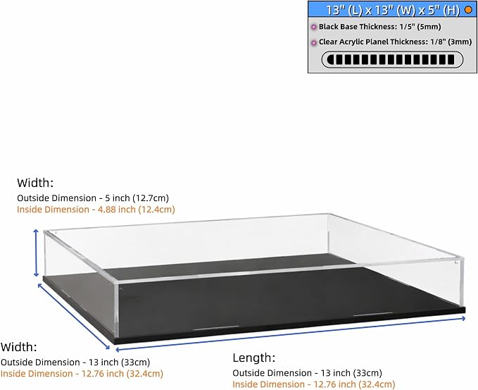 Acrylic Display Case, Clear Acrylic Display Box with Matte Base, Dustproof Collectible Showcase for Books, Stamps, Medals, Maps, Albums and Jewelries, 13x 13 x 5 inch