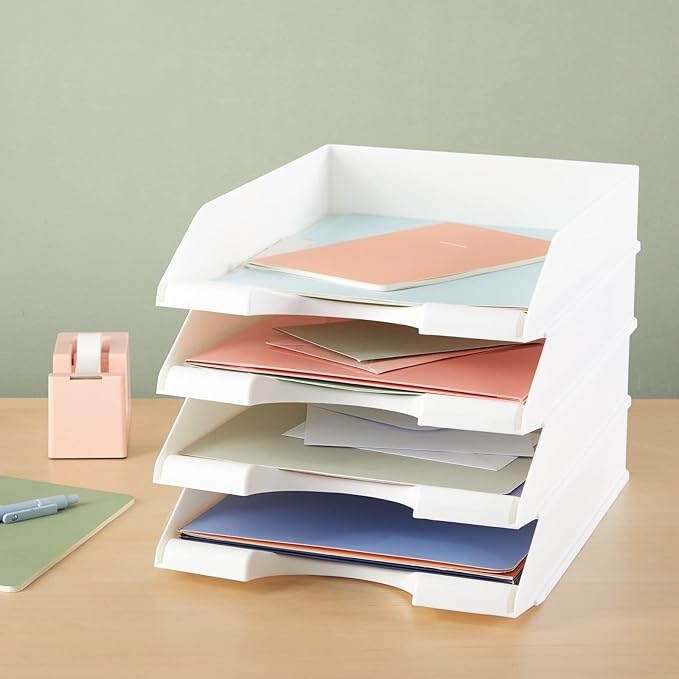 Stockroom Plus Rectangular Letter Trays - Paper Trays for Classroom - Desktop Paper Organizer & File Holder - Document Organizer for Desk Storage - Pack of 4, White, 10 x 13.5 x 2.5 in