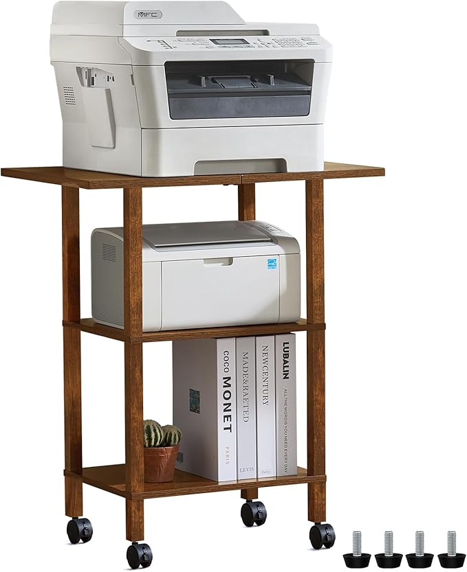 YUFAM 3 Tier Home Printer Stand with Storage, Brown | Wooden Mobile Printer Table Shelf, Rolling Printer Cart Shelf with Lockable Wheels fit Fax Machine, Scanner