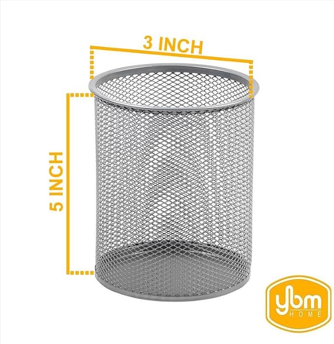 YBM HOME Office Round Desk Steel Mesh Pencil Cup Pen Holder Silver, 2210-2 Pack of 2