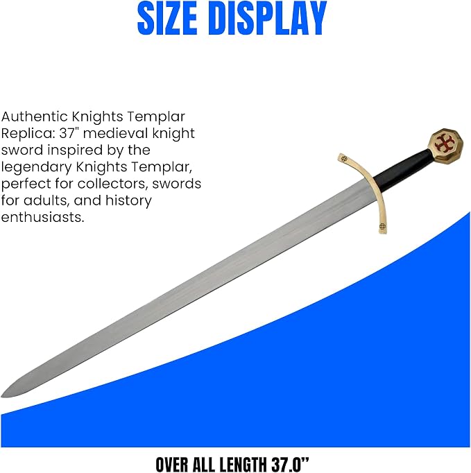 SZCO 37" Knights Templar Sword – Medieval Crusader Decorative Knight Sword with Black Leather Wrapped Handle & Matching Leather Scabbard for Adults, Cosplay & Display