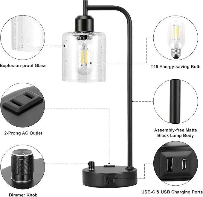 Industrial Bedside Lamps Set of 2, Fully Dimmable Desk Lamps for Bedroom | Glass Shade, USB C+A Charging Port & Outlet, Black Nightstand Table Lamps for Living Room, Office, Reading, Vintage