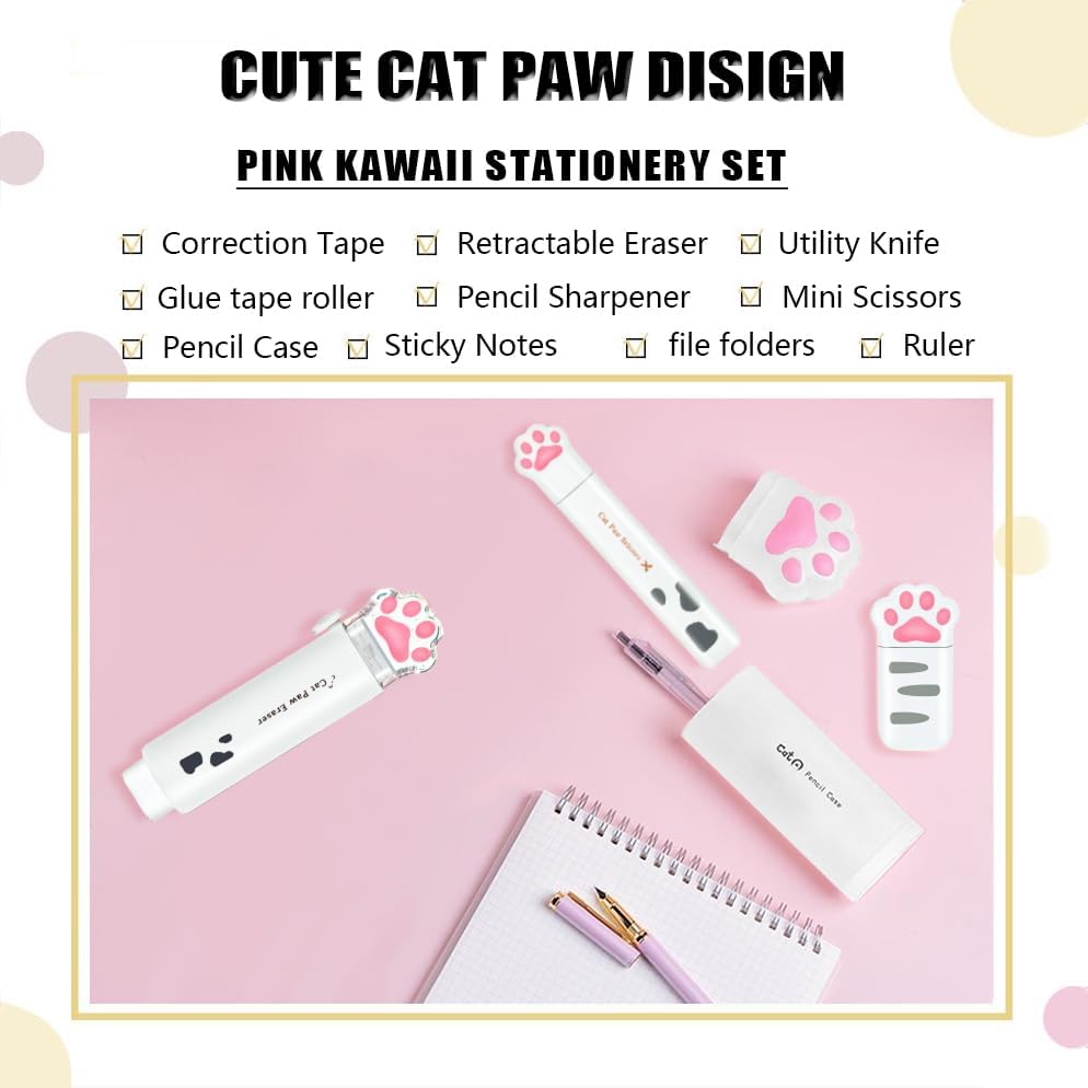 Cute School Supplies,Stationary Gift Set, Japanese Stationery Birthday GIFS, Includes Pencil Sharpener,Eraser, Correction Tape, Ruler, Mini Scissors,Utility Knife, for Office School Supplies (White)
