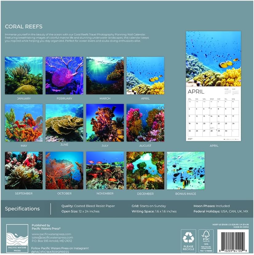 Coral Reefs 2027 Wall Calendar, 12 x 24 Hanging Pacific Waters Press