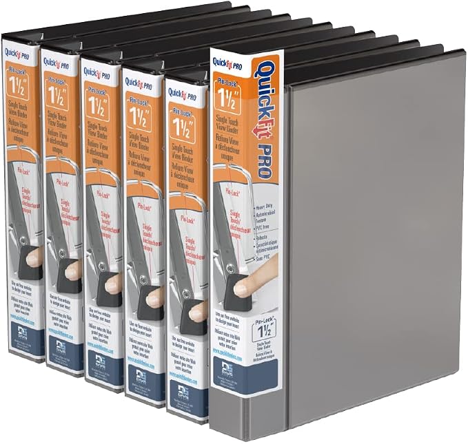 QuickFit PRO Heavy Duty Single Touch View Binder, D Ring, Black, 6 Pack, 1.5 Inch