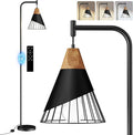 67" Industrial Floor Lamp with Wood & Black Metal Shade, Modern Standing Lamp, Rustic Farmhouse Tall Lamp for Living Room Bedroom Office, 2700K Bulb & Foot Switch Included (Black + Remote Control)