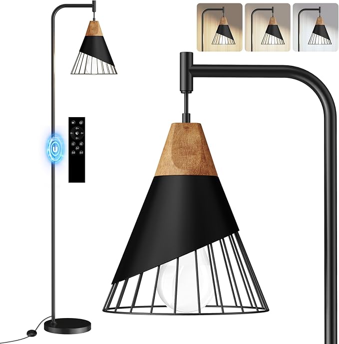67" Industrial Floor Lamp with Wood & Black Metal Shade, Modern Standing Lamp, Rustic Farmhouse Tall Lamp for Living Room Bedroom Office, 2700K Bulb & Foot Switch Included (Black + Remote Control)