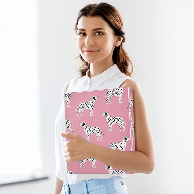 Black Dot Dalmatian Dog Pink Binder 1.5 Inch Binder with Clipboard&Pockets, Hardcover Binders 3 Ring, Heavy Duty Large File Folder for Office School Supplies - Holds 200 Sheets, 2 PC