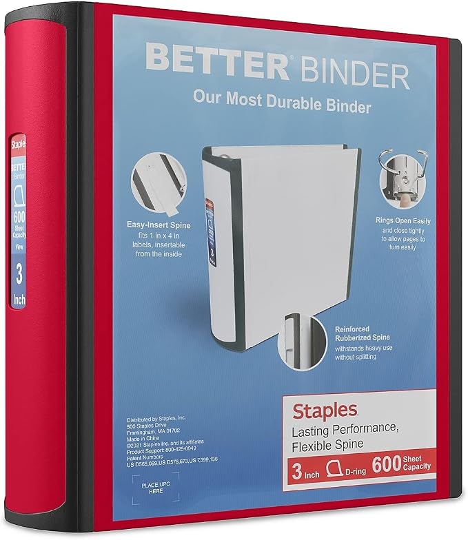 Staples Heavy-Duty 3-Inch D-Ring Binder, Red, Vinyl Cover, 600 Sheets | Large-capacity 3-ring binder for school and office document storage.