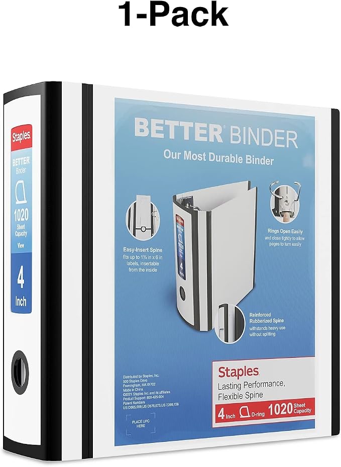 Staples Better 4-Inch 3-Ring View Binder, White, Reinforced Spine | High-capacity durable binder for school and everyday office storage.