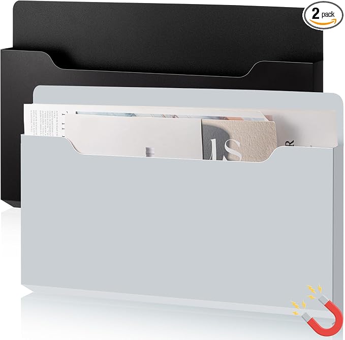 Feifeiya 2 Pcs Magnetic File Folder Wall Hanging Holder Large Pocket Paper Magazine Mail Organizer for Refrigerator Classroom Locker Whiteboard(Horizontal,Black Grey,13.8 x 8.3 Inches)