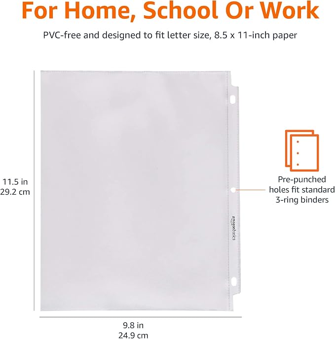 Amazon Basics Sheet Protectors for 3 Ring Binder, Non-Glare, Top Loading, Letter Size 8.5 x 11 in, Clear, 1200-Pack