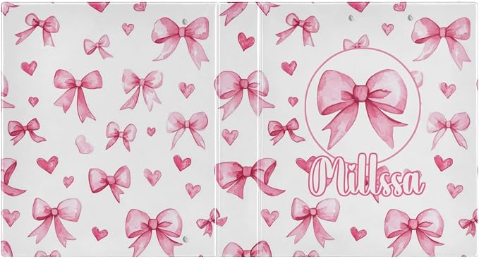 Watercolor Pink Bows 3 Ring Binder with Clipboard Round Ring Binders Hearts Personalized Binder 3 Interior Clear Pockets for Office Supplies 2 Pack