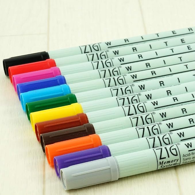 Zig WRITER 12 Colors Set, 0.5mm, 1.2mm, Dual Tip, Waterproof and Smudge proof when dry, Archival Quality, No mess, Photo-Safe, Acid Free, Lightfast, Odourless, Xylene Freeing, Made in Japan