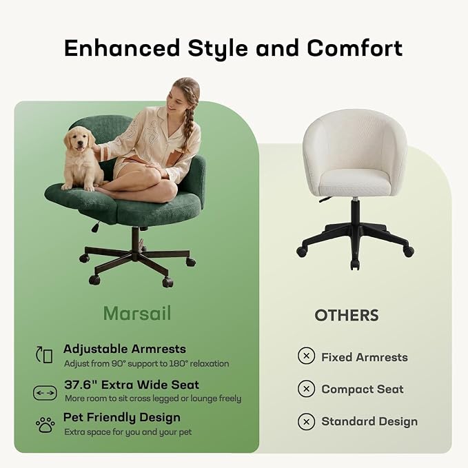 Marsail Criss Cross Office Chair with Adjustable Armrests & Wheels, Vanity Chair with Wide Cushion, Reclining Back, Soft Chenille Fabric, Desk Chair for Home Office, Makeup Room, Bedroom, Green
