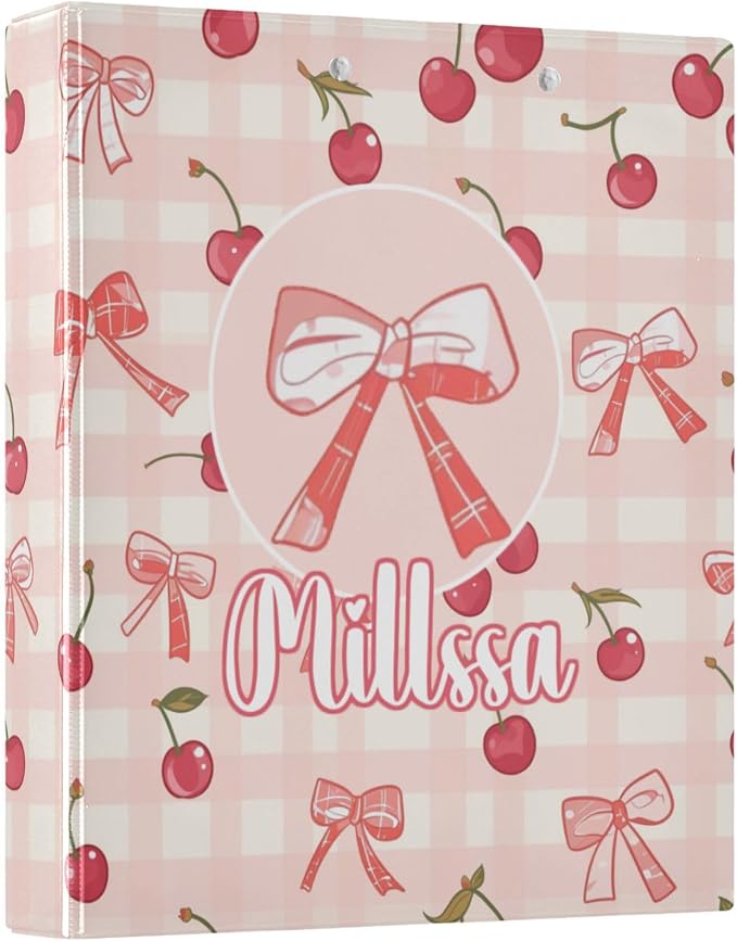 Cherry Bow 3 Ring Binder with Clipboard Round Ring Binders Check Pink Name Custom Binder 3 Interior Clear Pockets for Office Supplies 1 Pack