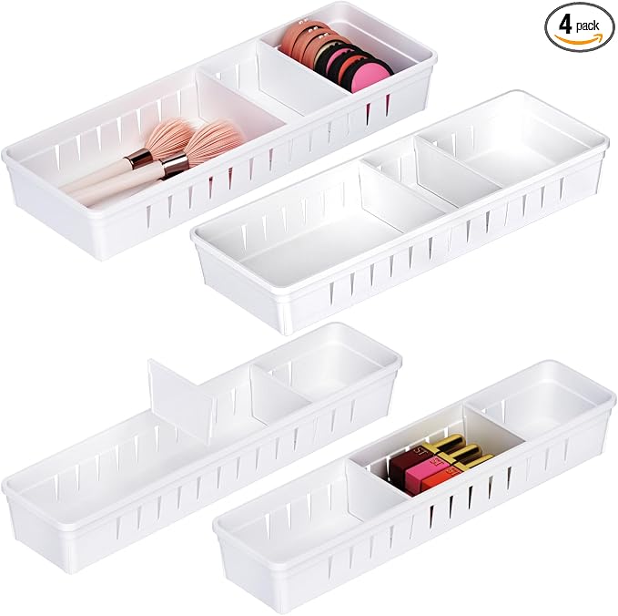 4 PCS Desk Drawer Organizer Tray, Office Drawer Organizer Bins | 8 pcs Dividers Adjustable, 16 pcs Non-Slip Silicone Pads, Makeup Vanity Organizer for Drawer, Plastic, White