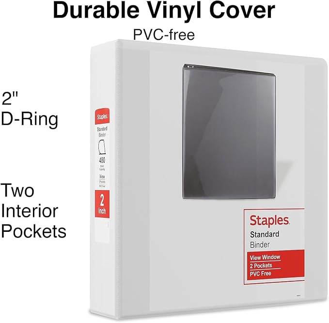 Staples 3-Ring Binder, 2 Inch D-Ring, White, 480 Sheets, 6-Pack | High-capacity organizer for home, office, and school document storage.