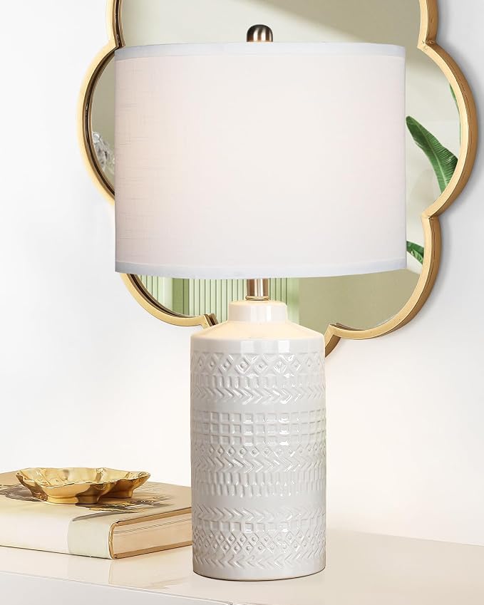 JUNNAI 24.5" White Ceramic Table Lamp 3-Way Dimmable Nightstand with White Linen Shade Bedside Lamp for Bedrooms & Living Room Office Reading(Bulb Included)
