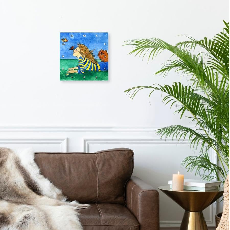 3dRose dpp_23307_1 Dog Pomeranian Butterflies Girl Happy Field Whimsical Watercolor Outdoors Blue Sky Wall Clock, 10 by 10-Inch