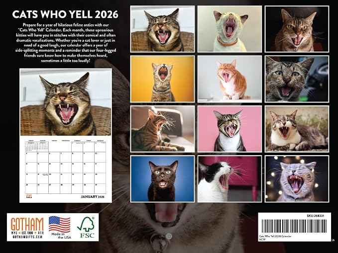 Cats Who Yell Calendar 2026 Monthly Wall Calender 12 Month | American Made In The USA