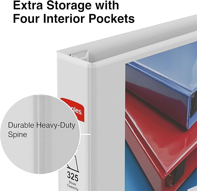Staples Heavy-Duty 1.5-Inch 3-Ring View Binder, Durable, 350 Sheets | Reinforced spine for durable everyday school and office storage.