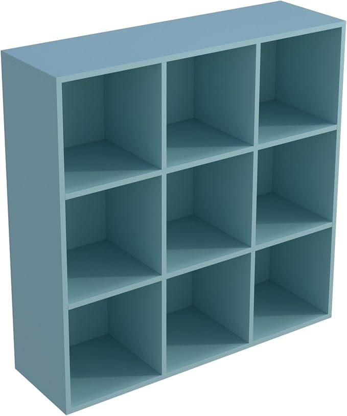 9-Cube Storage Shelf Bookcase, Light Blue | Wooden 3-Tier Open Bookshelf, Fits 11×11" Bins, Vertical or Horizontal Use, Full Back Panels, For Home Office