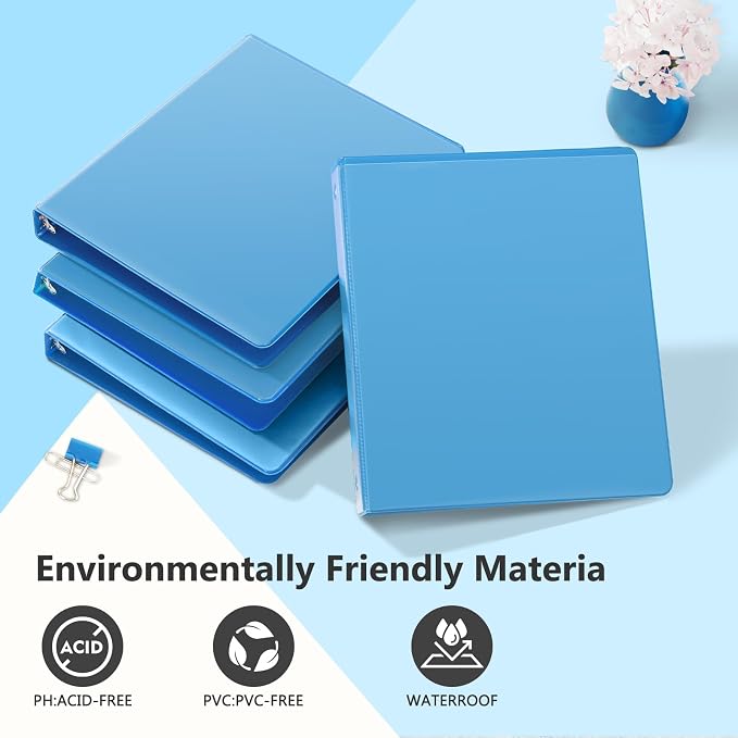 ViVin 1 Inch Round Ring View Binder for Durability, 6-Pack (Light Blue) | Standard 3 Ring Binder for 200 Sheets of US Letter Size Paper, PVC-Free, Clear View Cover, Office Home School Use