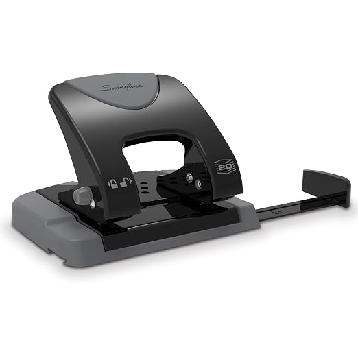 Swingline 2 Hole Punch, 20 Sheet Capacity Hole Puncher, Paper Punch, SmartTouch Low Effort Comfort Handle, Alignment Guide, Black & Gray (74135)
