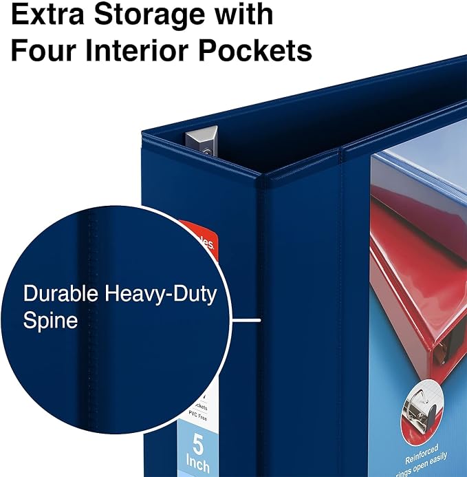 Staples Heavy-Duty 5-Inch D-Ring View Binder, Extra Large Capacity Holds Up to 1,000 Sheets, Navy, for Office & Archiving